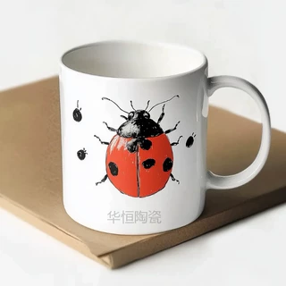 跨境热卖简洁陶瓷瓢虫贴花饮水杯泡茶杯白色多瓢虫咖啡杯可加LOGO