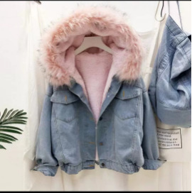 Giacca di jeans da donna con collo in peluche corta invernale_voghion.com