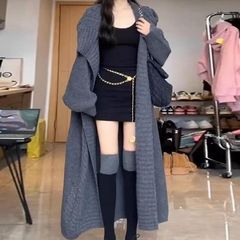 法式复古翻领长款毛衣女高个子针织开衫宽松慵懒风针织外套秋冬季