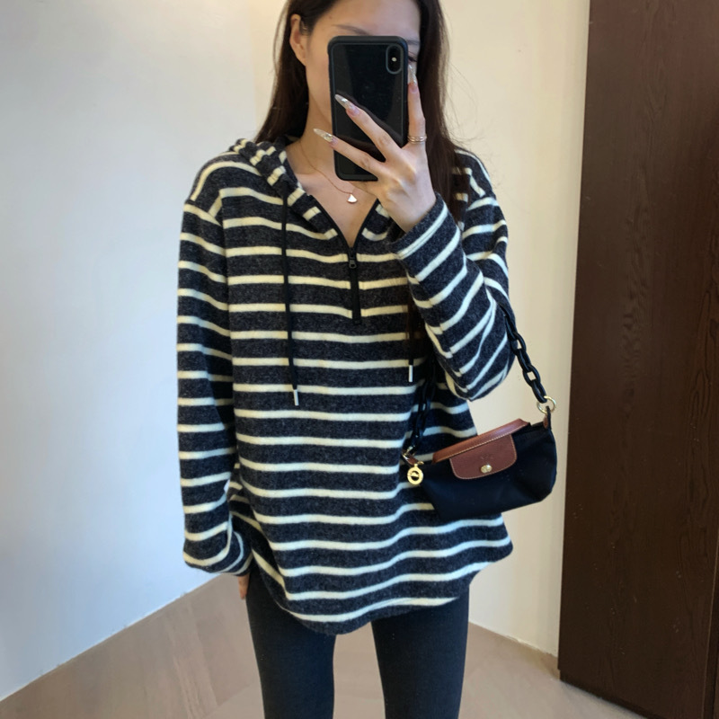 Kk11 Atmosphere Rabbit Fur Fluffy Soft Black Gray White Striped Loose Half-Zip Drop Shoulder Hoodie Kk11 Atmosphere Rabbit Fur Fluffy Soft Black Gray White Striped Loose Half-Zip Drop Shoulder Hoodie