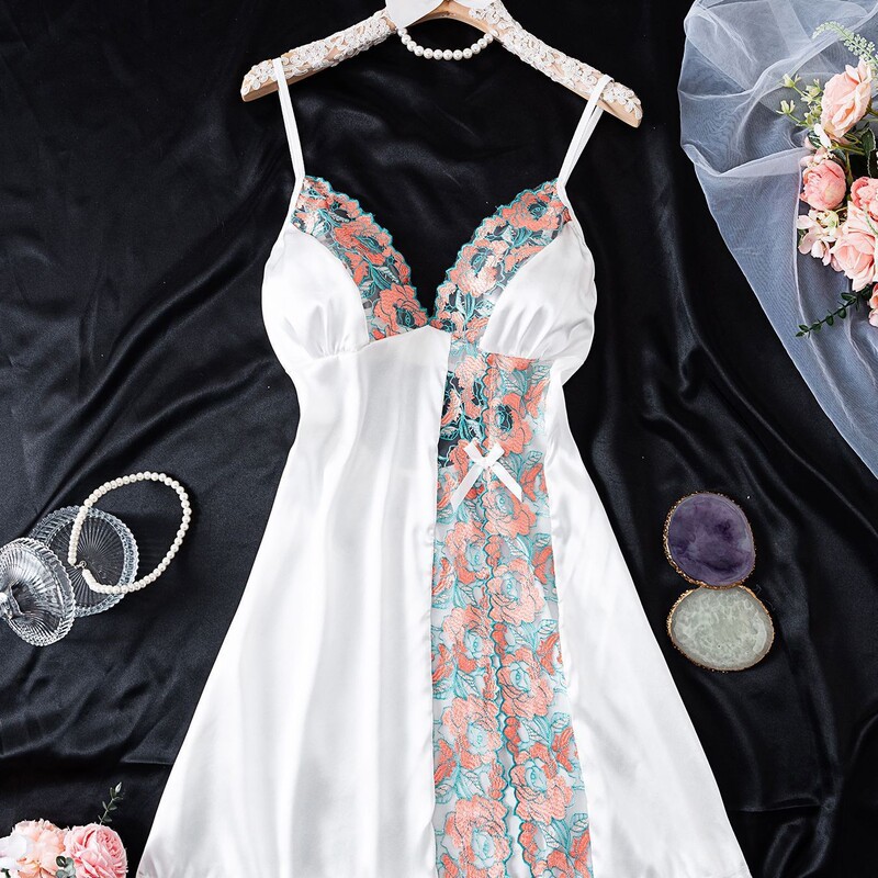 Cross-Border European and American New Style Sexy Lace Camisole Nightdress Slim-Fit See-Through Sleepwear Couple Newlywed Erotic Embroidered Matching Set