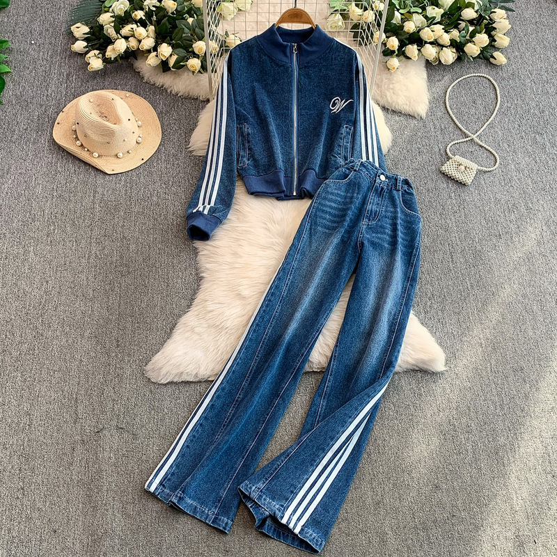 European and American Style Retro Embroidered Stand-Up Collar Zipper Denim Jacket Two-Piece Set High-Waisted Slim Two-Bar Wide-Leg Pants European and American Style Retro Embroidered Stand-Up Collar Zipper Denim Jacket Two-Piece Set High-Waisted Slim Two-Bar Wide-Leg Pants