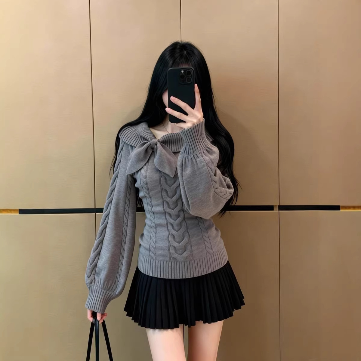 原版北极绒长袖套头毛衣秋冬季收腰新款古早针织衫兔耳朵女灰色