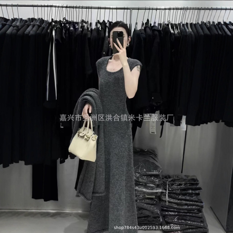 高品高克重绵羊绒纯色两件套2025新款时尚百搭气质针织开衫连衣裙|undefined