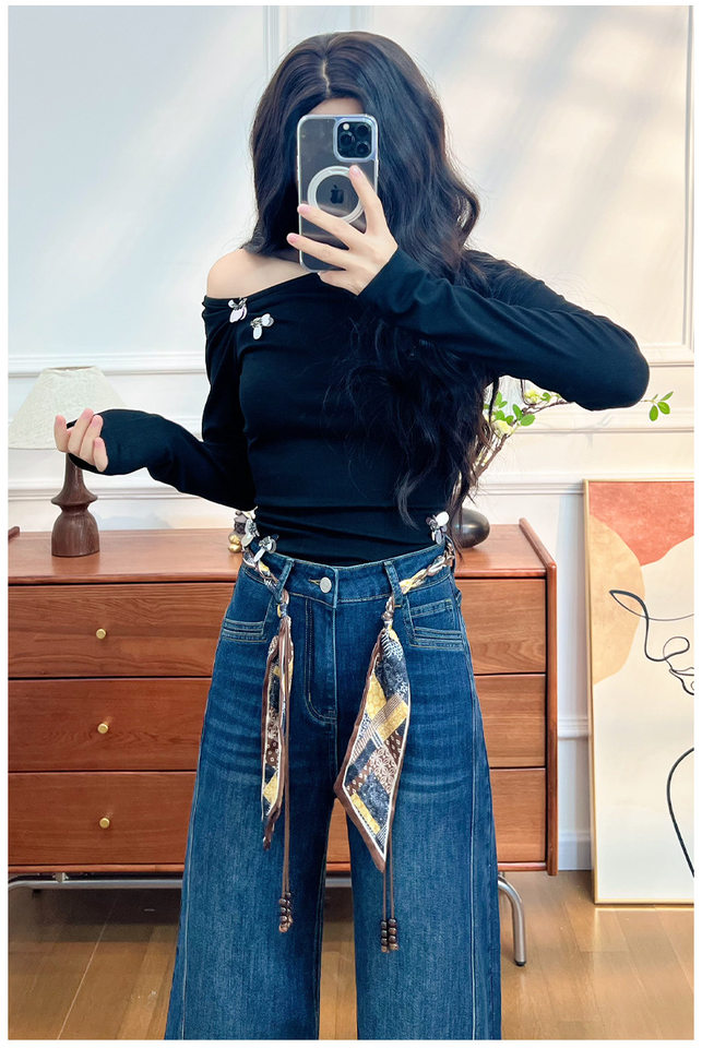 Quần jean nữ ống loe cạp cao co giãn, denim lót lông cừu mùa đông — Màu xanh vàng đen kéo dài, Quần xanh đen vàng, Retro màu xanh chín điểm, Vàng đen xanh chín điểm chi tiết 13