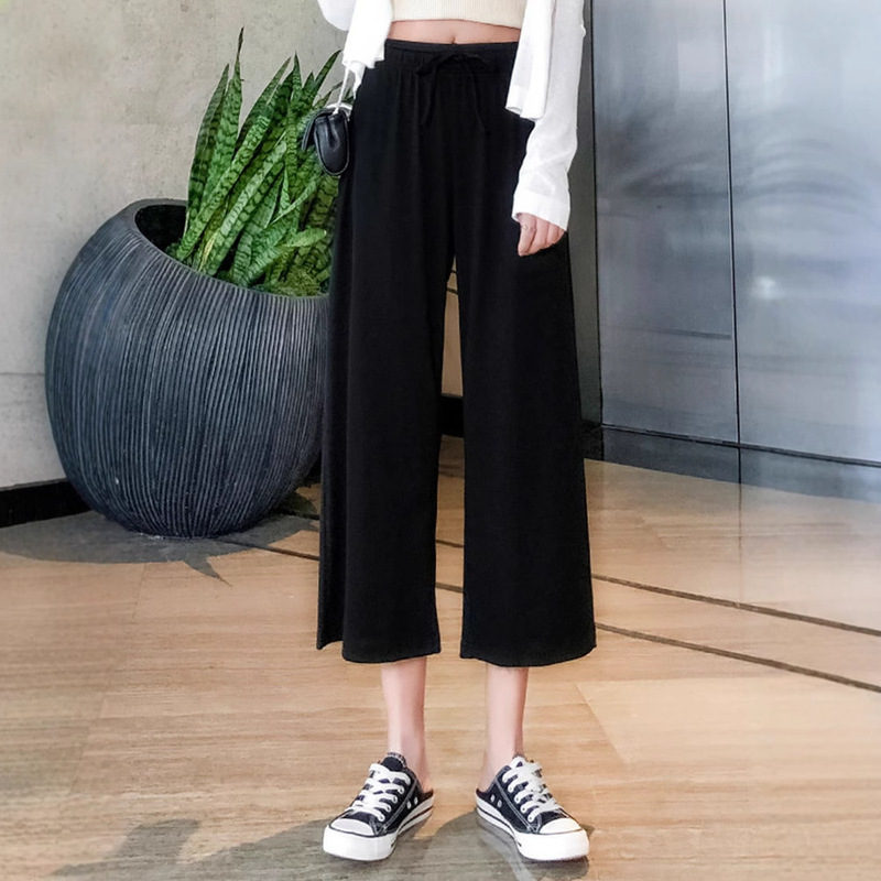 Ice Silk Wide-leg Pants Women's Summer Thin Capri Pants High Waist Dipped Small Loose Slim 2025 New Casual Pants