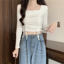 2024春季新款橙色显瘦方领打底衫设计感抽绳绑带修身短款上衣女装