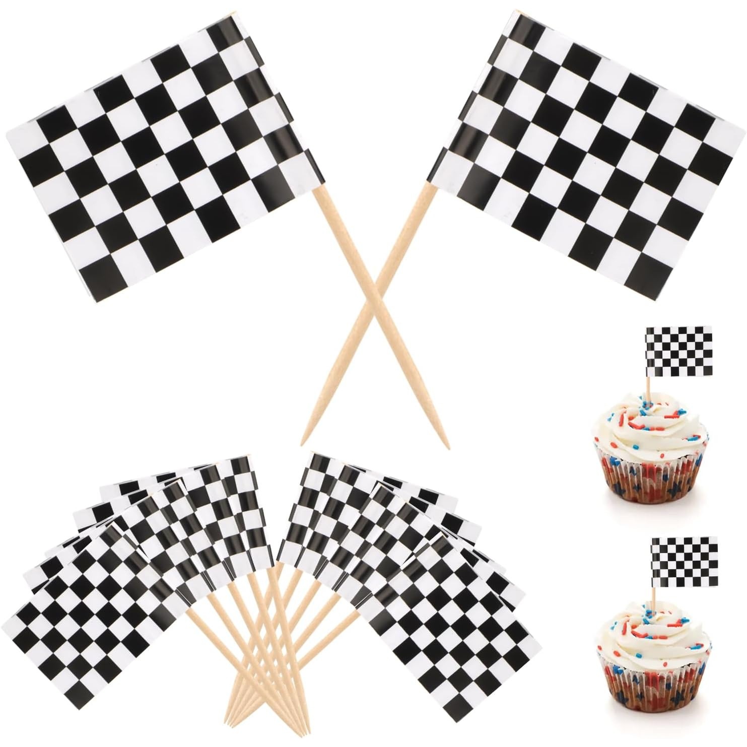 东莞工厂双面黑白格纹木制小旗贴纸食品装饰用家庭用小商店烘焙店