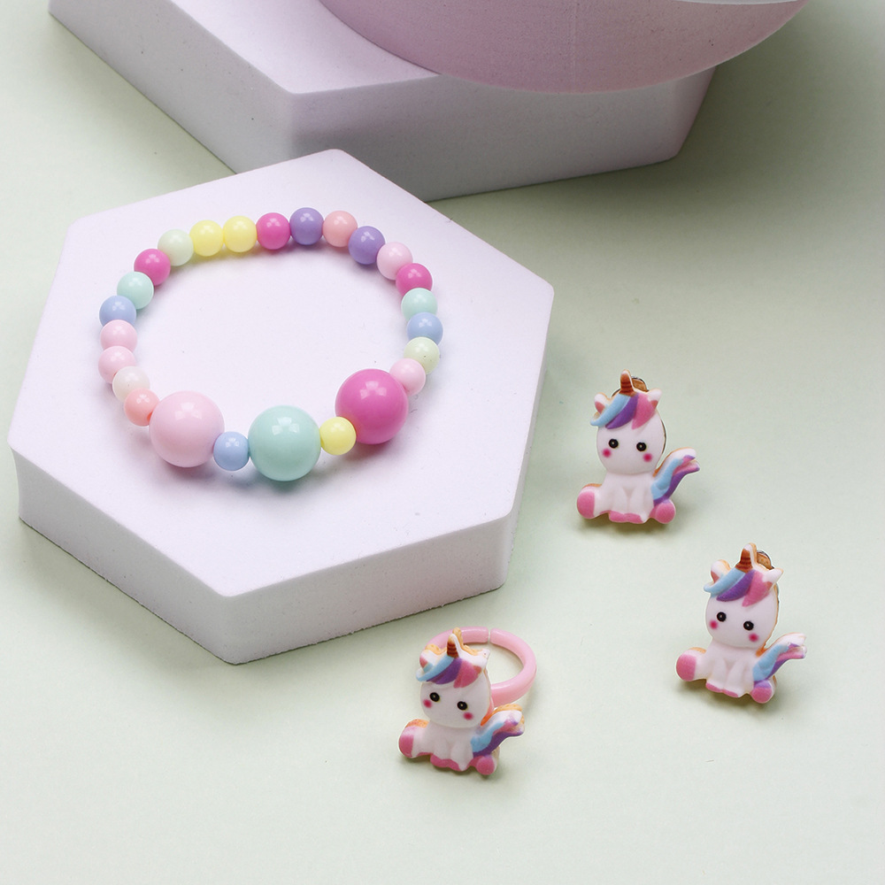 Cute Unicorn Crown Resin Beaded Rings Earrings Necklace 1 Set
