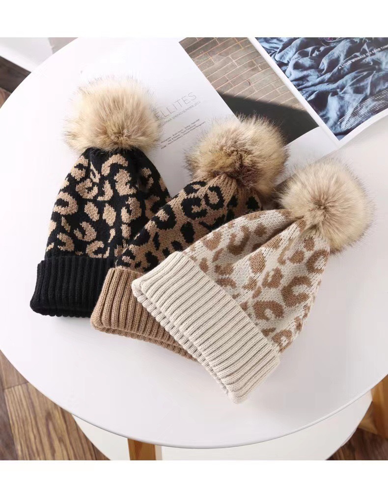 for Women New Autumn Winter Versatile Cross-Border European American Korean Version Leopard Print Pom Warm Knitted_voghion.com