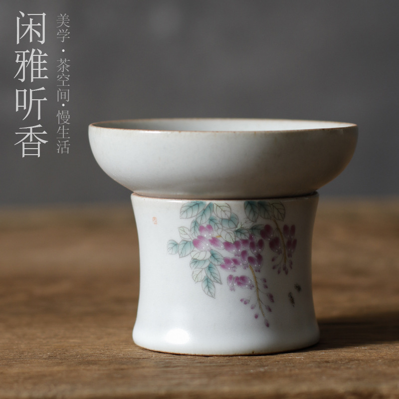 Luna blanca Ru horno mineral crudo filtro abierto colador de té con base juego de té de Kung Fu accesorios hechos a mano personalizados colador de té porcelana
