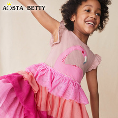 2024 Western and European Style Girls' Short-Sleeve Dress Summer Cartoon Patchwork Crew Neck Girl Sheer Dress Cute Princess Dress