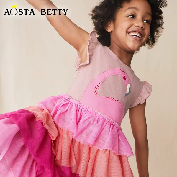 2026 European and American Style Girls' Short-Sleeved Dress Summer Cartoon Patchwork Round Neck Girl's Gauze Dress Cute Princess Dress