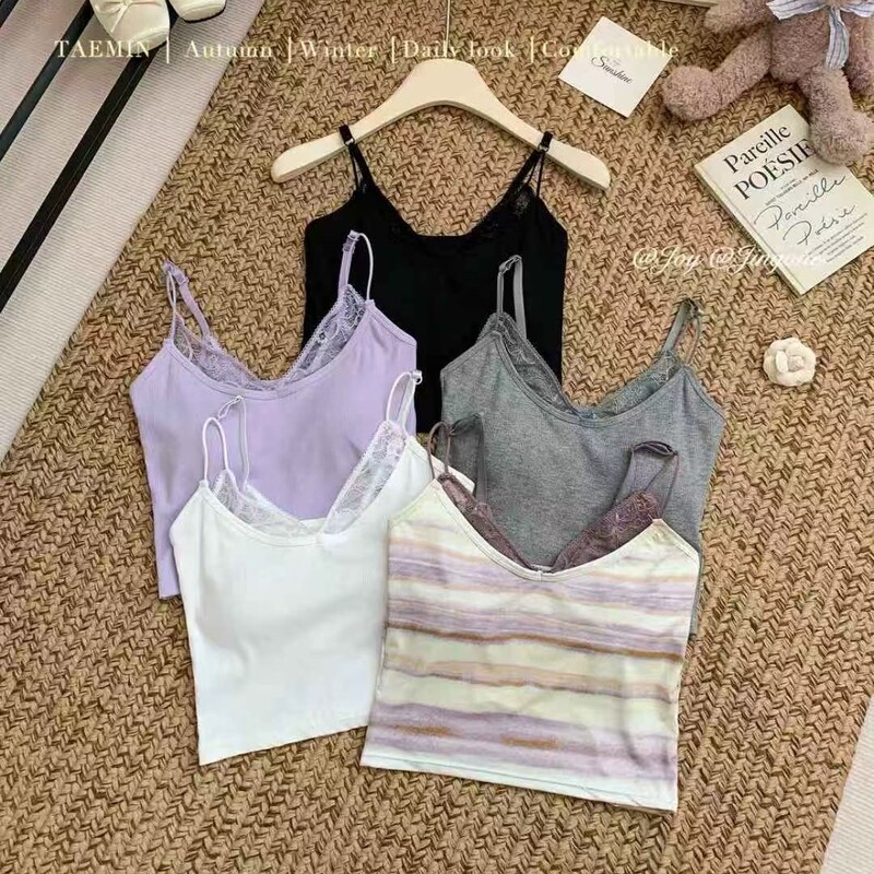 Pure Desire Style Hot Girl V-Neck Lace Patchwork Fake Two-Piece Camisole with Chest Pad Slim Fit Inner and Outerwear Top