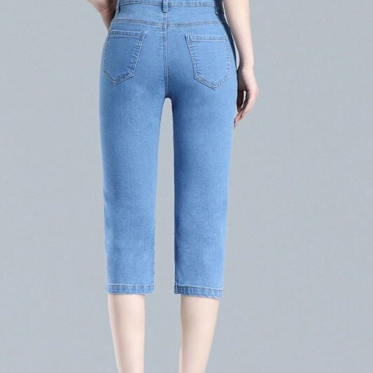 Summer New Thin High-Waisted Stretchy Cropped Jeans for Women, Slim Fit, Plus Size, for Middle-Aged Moms, Fashionable Mid-Length Pants
