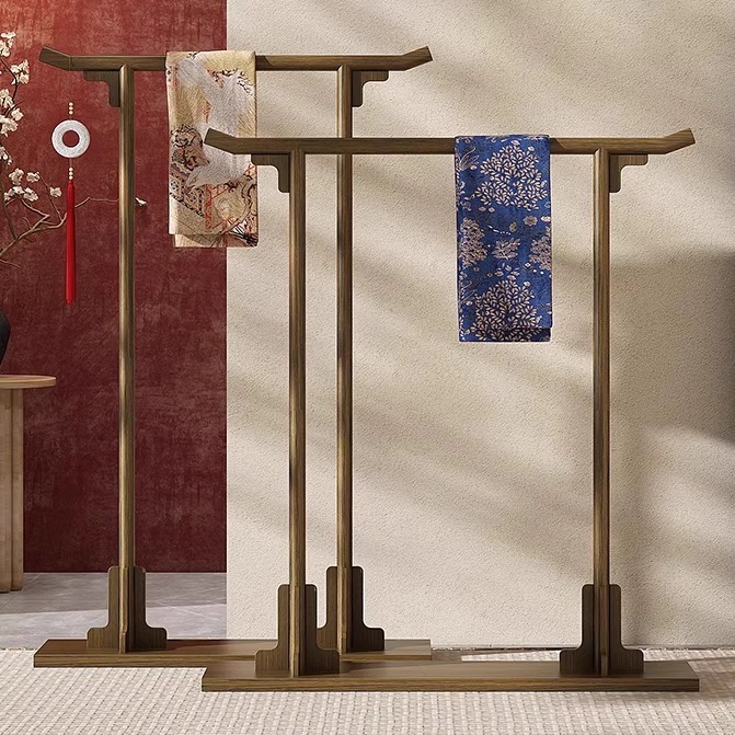 New Chinese Style Coat Rack Floor-Standing Double Pole Solid Wood Simple Xiuhe Clothing Store Display Rack Tea House Bedroom Clothes Rack