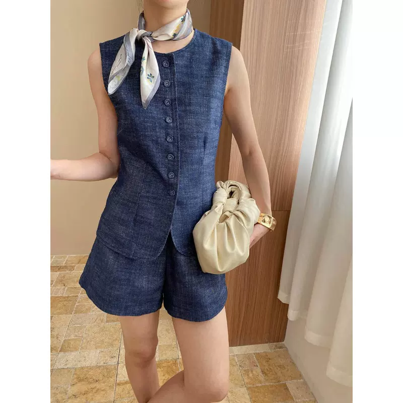 司南 长/短可选 亚麻混纺老钱风无袖马甲阔腿裤两件套装 SN7467