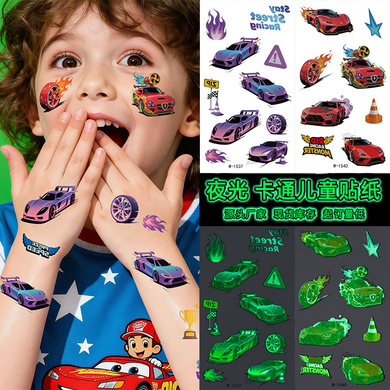 Cartoon Luminous Tattoo Stickers Waterproof Cross-Border Cute Children's Temporary Tattoos Racing Engineering Vehicle Educational Fun Stickers