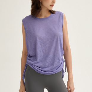 Slightly See-Through Bamboo Yarn Drawstring Sleeveless Sports Outer Loose Thin Training Blouse Quick-Drying Running Yoga Top for Women