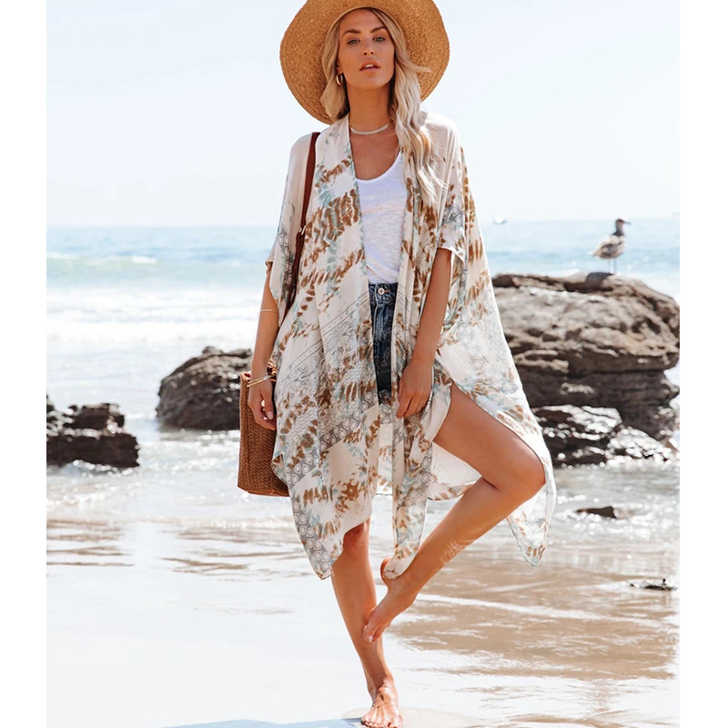 Long slit chiffon print beach dress for women sunscreen blouse vacation  dresses bikini swimsuit bathing wear cover-ups