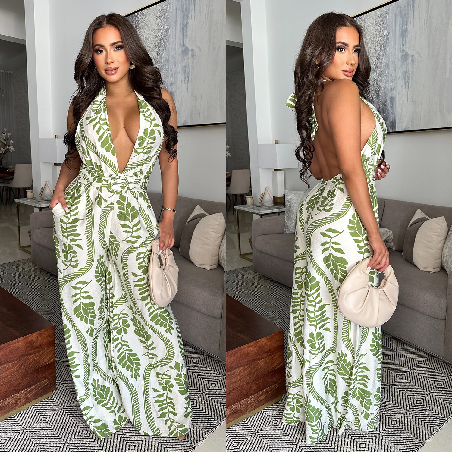 C7310 Aliexpress transfronterizo Amazon Europa y los Estados Unidos moda de mujer casual sexy cuello profundo v pantalones de impresión de espalda abierta