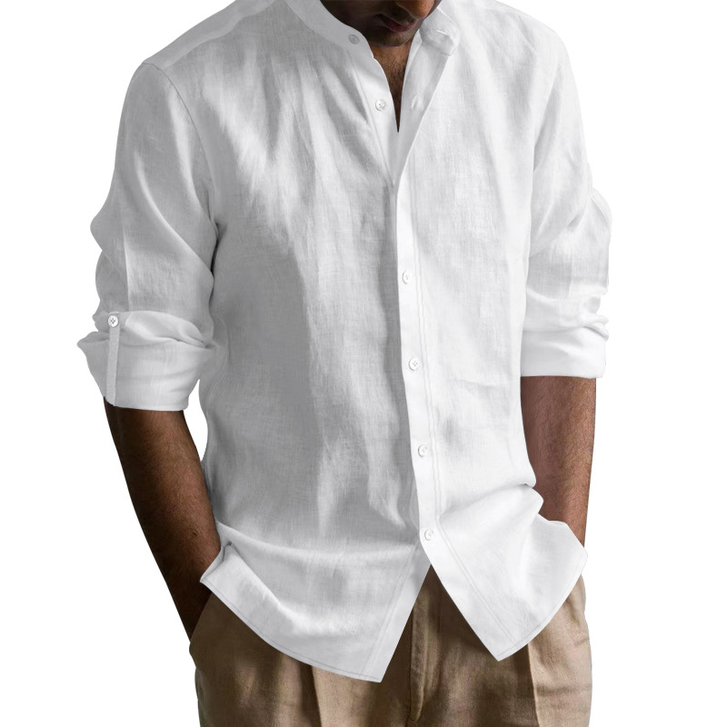 Nuevo Amazon algodón transfronterizo camisa de cuello largo hombre comercio exterior transpirable cuello Henry Casual American Top