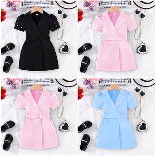 2025 New Summer New Girls Pure Color Short-Sleeved Casual Dress + Belt Two-Piece Set