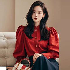 红色长袖女新款衬衣女气质打底衫减龄小衫灯笼袖上衣女衬衫女