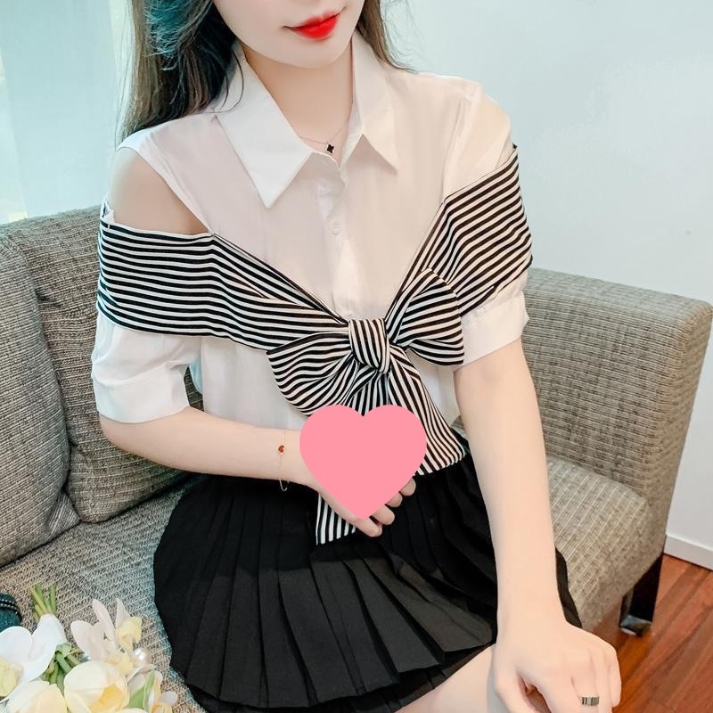 洋气外穿露肩上衣女衬衫2025夏季新款大蝴蝶结设计感百搭短袖