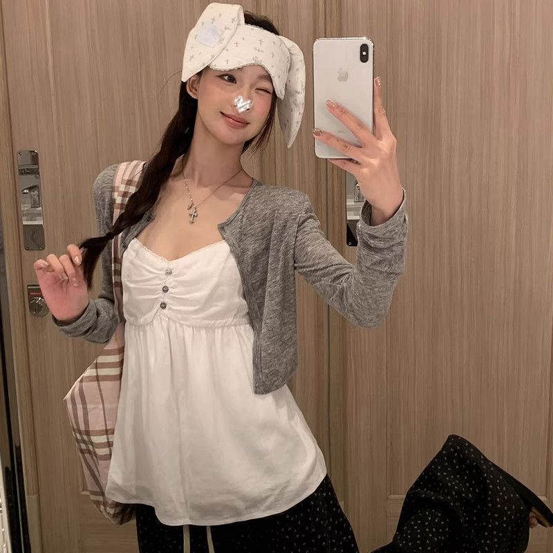 Stunning Little Camisole Top for Women 2026 Spring/Summer, Super Stylish and Alluring, Pure Color Long-Sleeve Knit Cardigan Layered Outfit