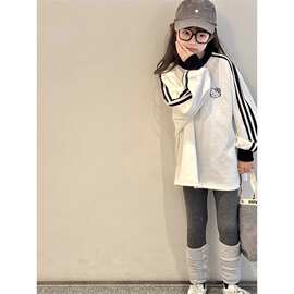 女童春秋打底衫2026洋气女大童中长款圆领卫衣裙T恤潮流条纹上衣