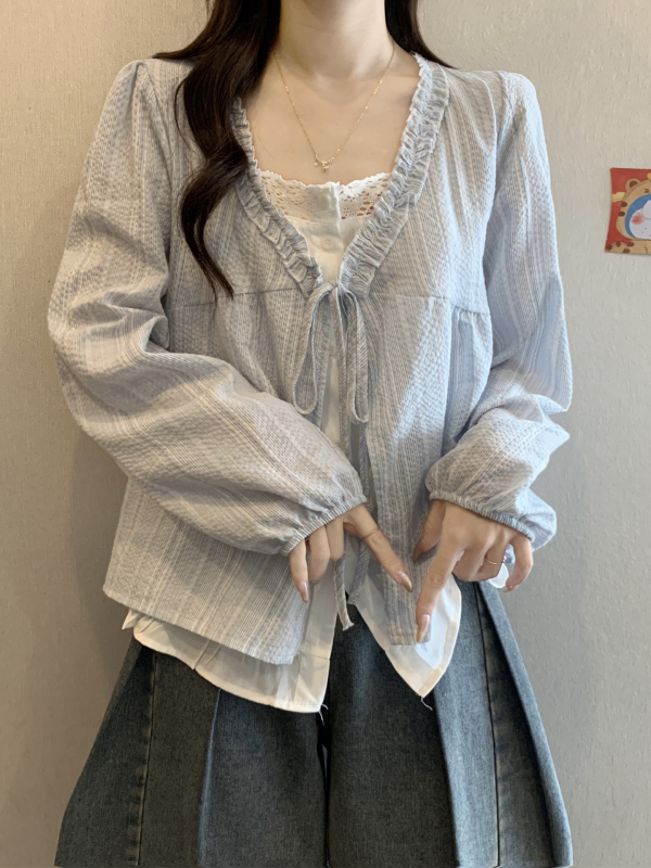 法式系带边V领长袖衬衫女秋季微胖大码设计高级感假两件减龄上衣|undefined