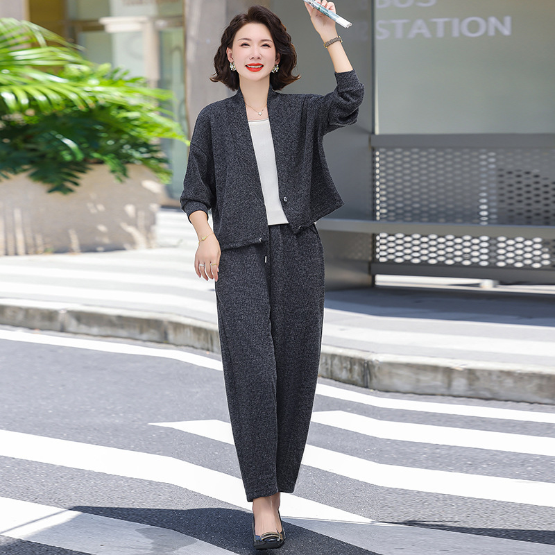 时尚宽松休闲妈妈装两件套2025秋装新款V领气质显瘦中老年女装潮|undefined