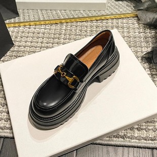 Thick-soled Loafers Women's British-style Horse Buckle Small Leather Shoes Women's Thick Heel Heel High-height Shoes Black Slip-on Leather Shoes
