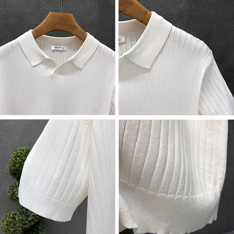 Herren-Poloshirt mit Umlegekragen, V-Ausschnitt, Möwenmuster, Strickmuster, Kurzarm, gestreift, atmungsaktiv, aus Eisseide, im Stil der 1950er-Jahre_voghion.com