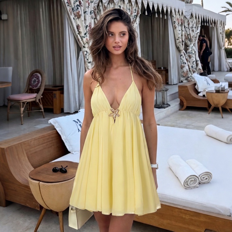 Cross-Border New European and American Fashion Resort-Style A-Line Puffy Skirt Sexy Deep V Backless Chiffon Suspender Dress for Women