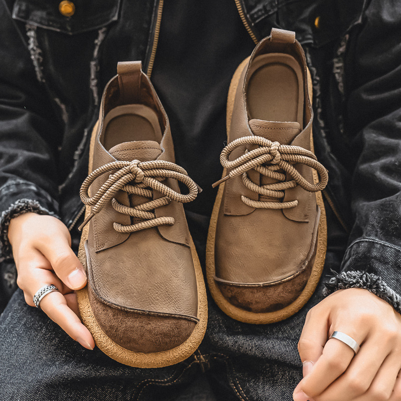 New Men's Leather Shoes, Light Luxury, Retro Trendy Large-Toe Shoes, Low-Cut Lace-Up Soft-Soled Casual Shoes, Versatile Fashion Shoes for Men