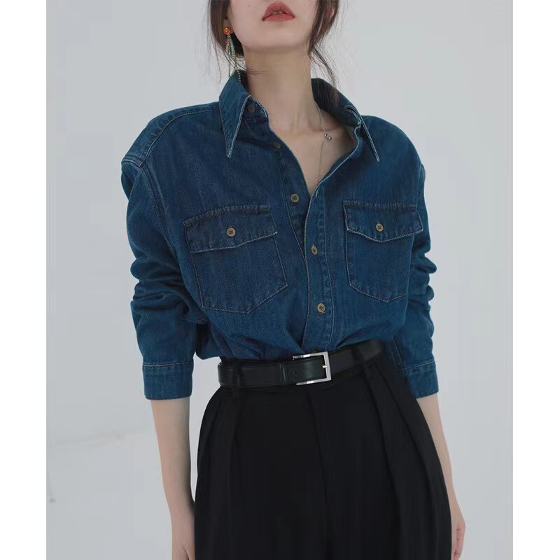 2025 Spring and Autumn New Retro Small Point Collar Washed Denim Cotton Shirt/Dark Blue Jacket for Women