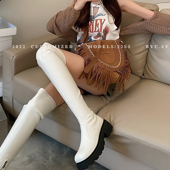 Heave-soled elastic over-the-knee boots Fall and winter square-toed thigh-high boots for women_voghion.com