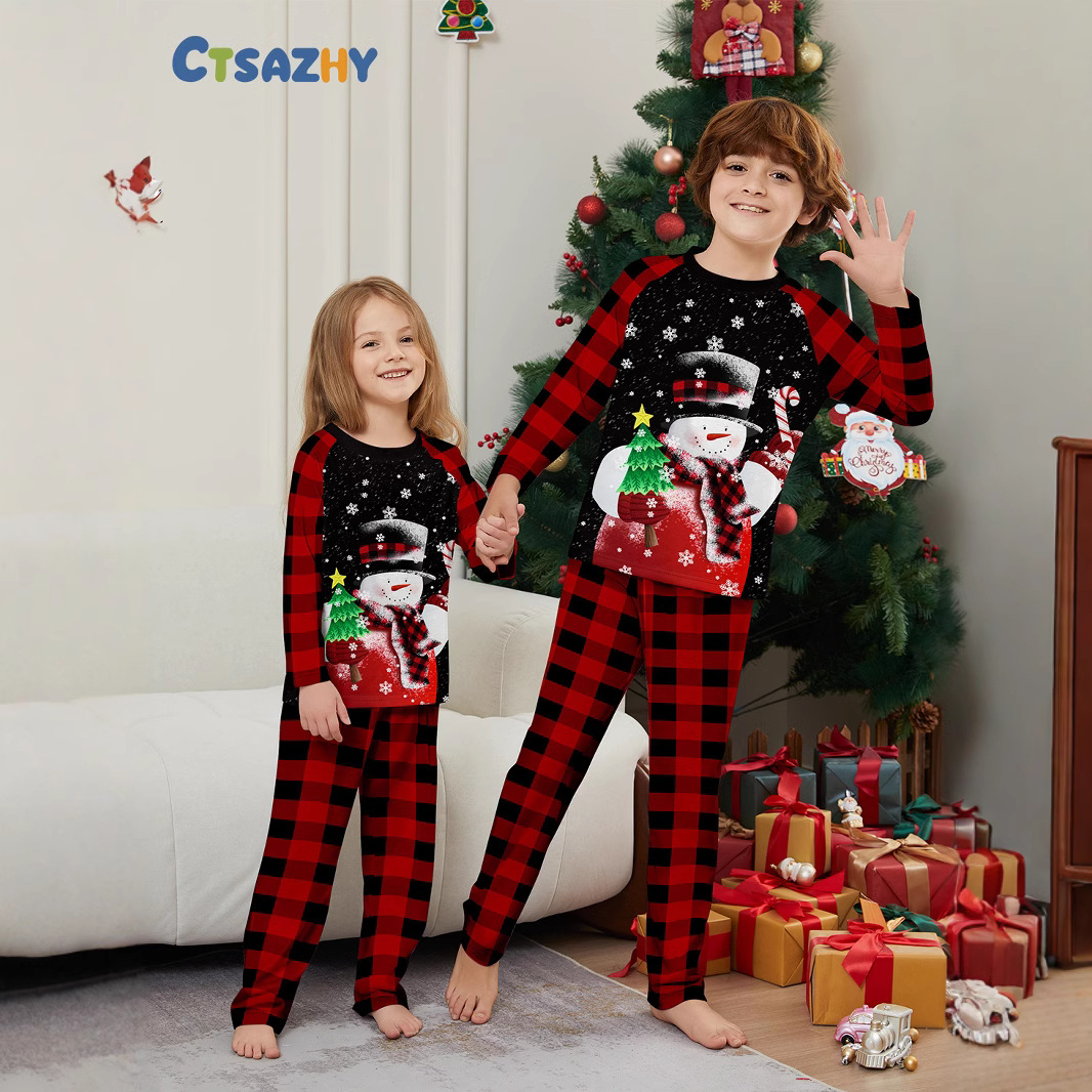 Christmas snowman candy cane snowflake Christmas family suit printed homewear sleep_voghion.com