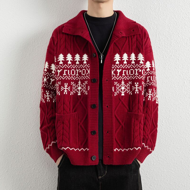 Anyang Men's Lapel Sweater Cardigan 2025 Autumn New Christmas Atmosphere Jacquard Casual Warm Knitted Jacket
