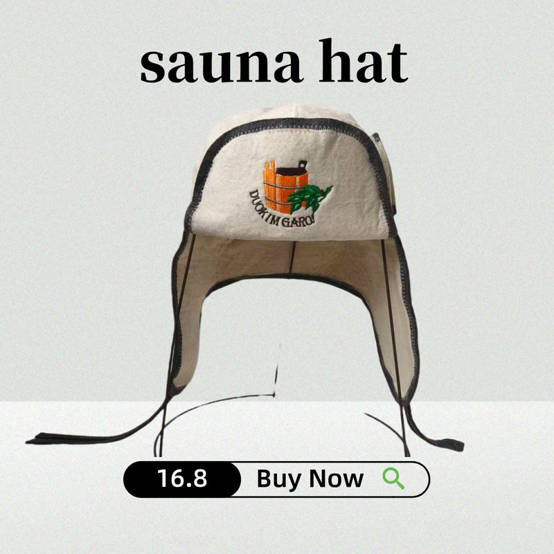 Nordic Style Wooden Barrel Embroidery Pattern Wool Sauna Hat with Thickened Ear Protection and Tie Straps for Home Use, Anti-Scalding Head Protection Hat
