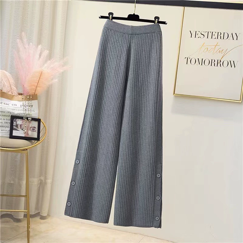 Трикотажные широкие брюки с разрезами на пуговицах, женские универсальные Свободные шерстяные брюки с высокой талией, прямые повседневные брюки с висячим чувством