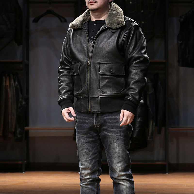 Men’s Genuine Goatskin G1 Bomber Jacket – Detachable Wool Collar, Vintage Flight Style (S-2XL)_voghion.com