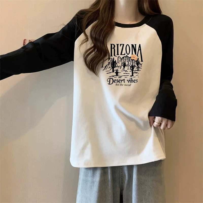 Early autumn loose-fitting American-style pure cotton raglan long-sleeve T-shirt for women, suitable as an inner layer or outer top, youthful and trendy Early autumn loose-fitting American-style pure cotton raglan long-sleeve T-shirt for women, suitable as an inner layer or outer top, youthful and trendy