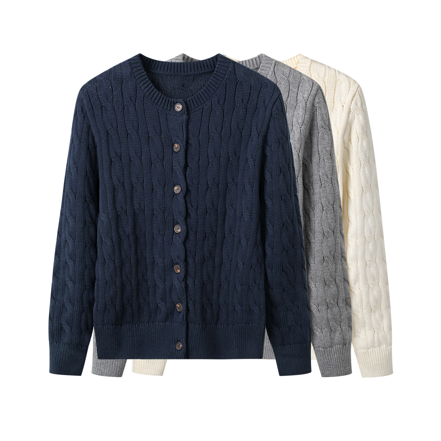 Lauren's Same Style 100% Cotton Knitted Cardigan Jacket for Women 2025 Autumn and Winter Round Neck Retro Cable Cotton Sweater