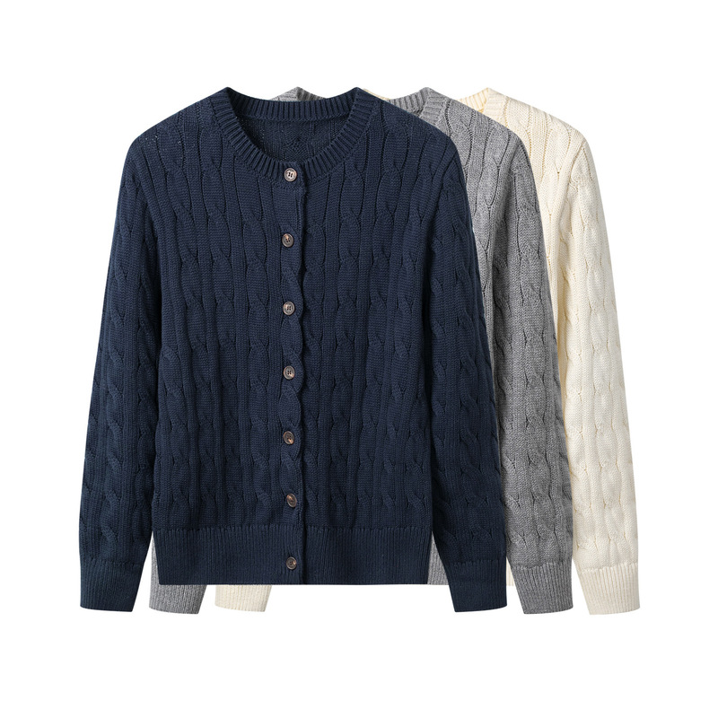 Lauren's Same Style 100% Cotton Knitted Cardigan Jacket for Women 2025 Autumn and Winter Round Neck Retro Cable Cotton Sweater