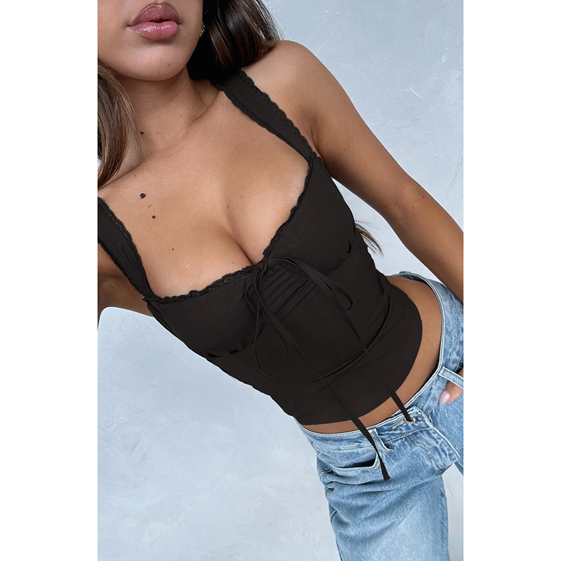 54g Weight Polyester Fabric Type Short Top Length Vest Tops Type Casual, Holiday, Daily Occasion Strap Neckline Slim Fit Type Solid Color Pattern Summer, Spring Season Women's Gender Lace Design Sexy Style Apricot, Brown, Black Color Wholesale Women's Sexy Solid Color Apricot Brown Black Lace Tank Tops 10