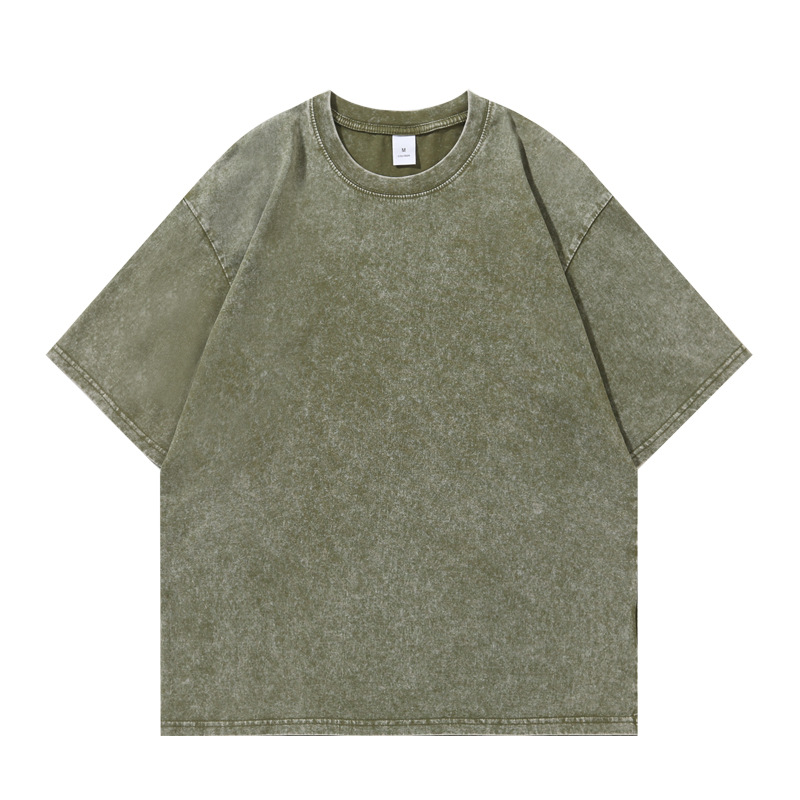 Pesado 240G algodón de manga corta cuello redondo suelto y desgastado algodón lavado de manga corta camiseta hombres y mujeres diseño retro americano