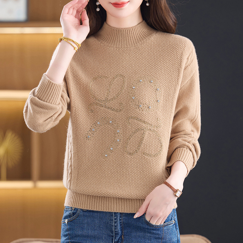 2025秋冬新款半高领100%绵羊毛针织衫女厚羊毛长袖宽松毛衣打底，女装针织衫/毛衣，妃慕昵服饰